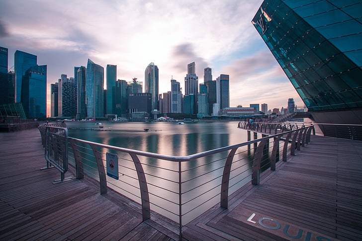 CBD, marinarea, Singapore, bygge, himmelen, lang eksponering, glatt