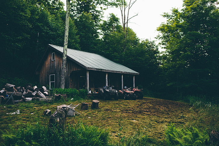 cabine, o camping casa, floresta, logs, quad motos, cabana de madeira, toras de madeira