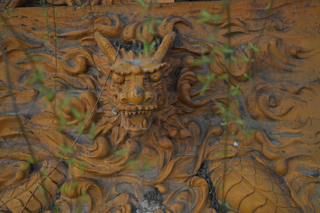 dragon, sculpture, bas-relief, gold, yellow, chinese dragon, dragon head