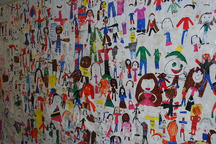Kinder, Self-Portrait, Klasse, glücklich, Menschen, Bild, Zeichnung