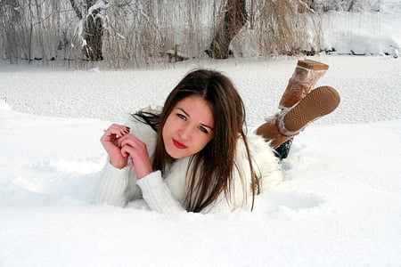 Gadis, salju, putih, feerie, musim dingin, pirang, mata biru