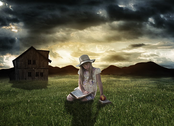 louka, malá holčička, tmavý, kniha, Jablko, klobouk, pohádka