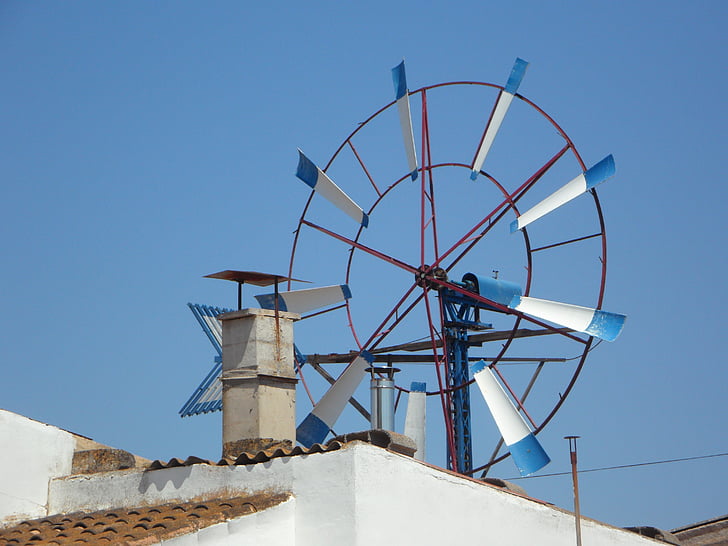 Pinwheel, metal, rueda, viento, energía eólica, energía, azul