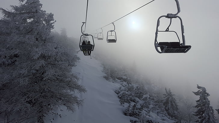 Ски, седалков лифт, облак, мъгла, зимни, сняг, студено