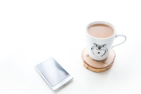 white, ceramic, mug, android, smartphone, coffee, phone