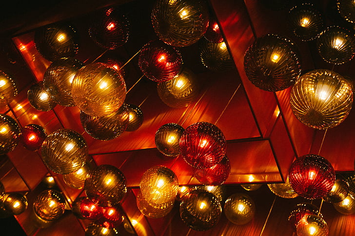 vermelho, ouro, pingente, lâmpadas, Natal, iluminação, bola