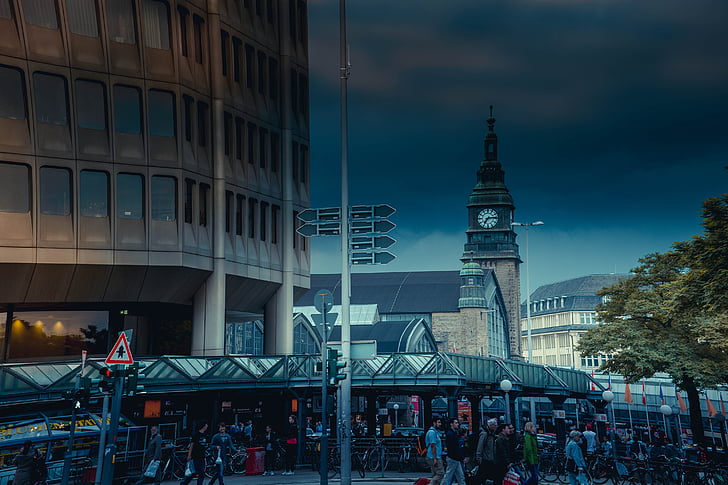 railway station, hanover, architecture, city, tower, church, human