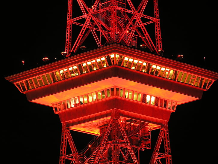 foto, toren, Funkturm, Berlijn, nacht, verlichte, rood, lage hoekmening