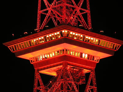 foto, Tower, Raadiotorni, Berliin, öö, valgustatud, punane, väikese nurga all view