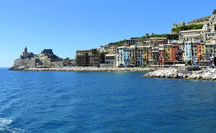 Családi házak, színek, tenger, Porto venere, Liguria, Olaszország, víz