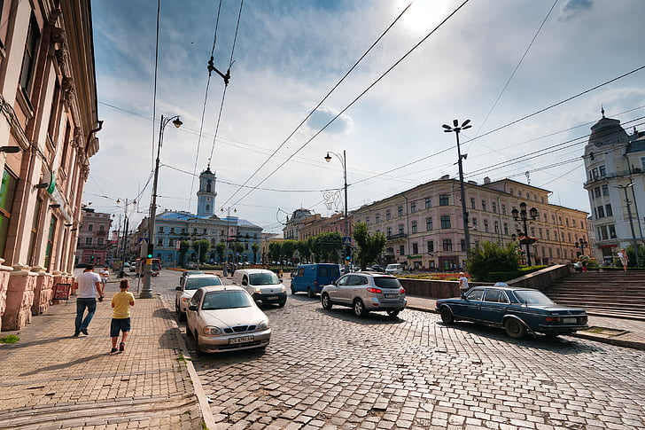 Tjernivtsi, staden, Ukraina, Europa, historiskt sett, Downtown, Road