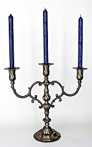 en laiton, orné, candélabre, bleu, chandelier, chandelles, décoration