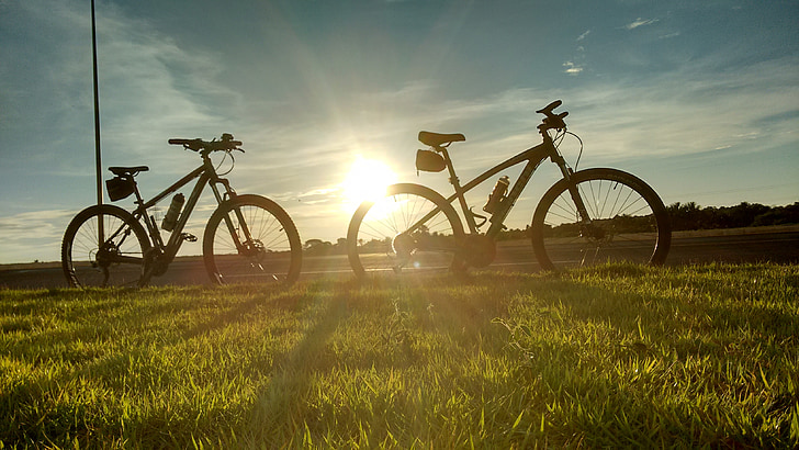 rowery, przez zachody słońca, Sol, horyzont, jeździć, Natura, wakacje