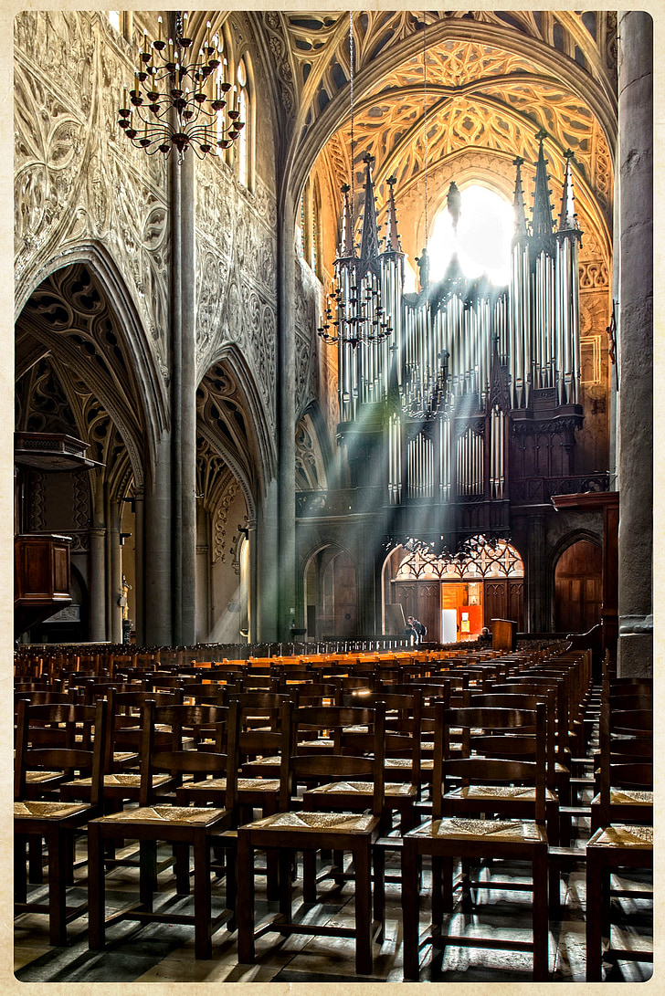church, gothic, chambéry, cathedral, chairs, sunlight, organ