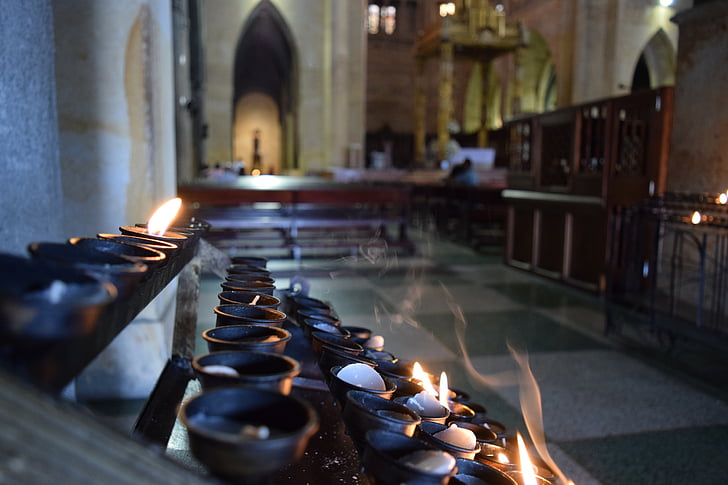 church, candles, fire, smoke, perspective, cathedral, santos