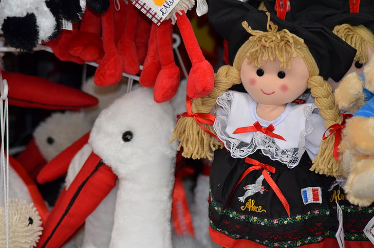 Alsace, Bez Bebek, Alsatian bebek, geleneksel kostüm, Fransa, Leylek, anılar