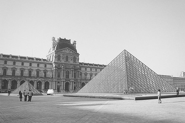 gråtoneskala, Foto, Louvre, Museum, louvre, Paris, Frankrig
