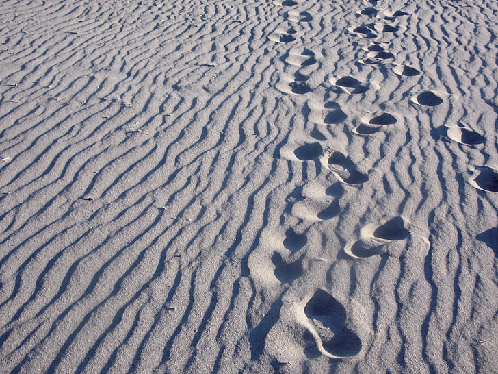 plaža, korake, usamljeni, daleko, pijesak, pješčana, noge