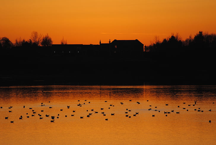 dusk, reflection, sunset, silhouette, building, twilight, lake