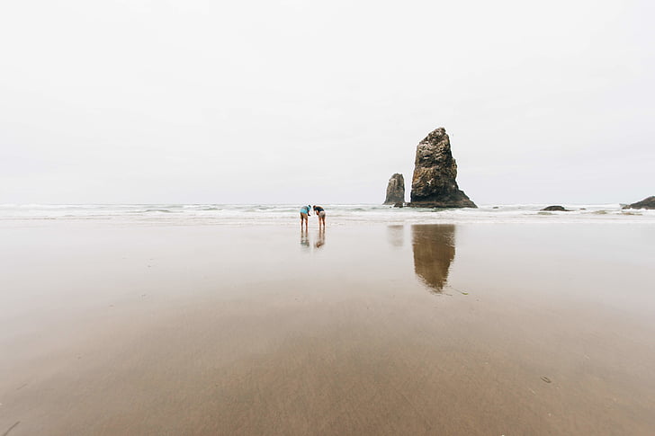 standing, people, brown, sand, near, ocean, rock