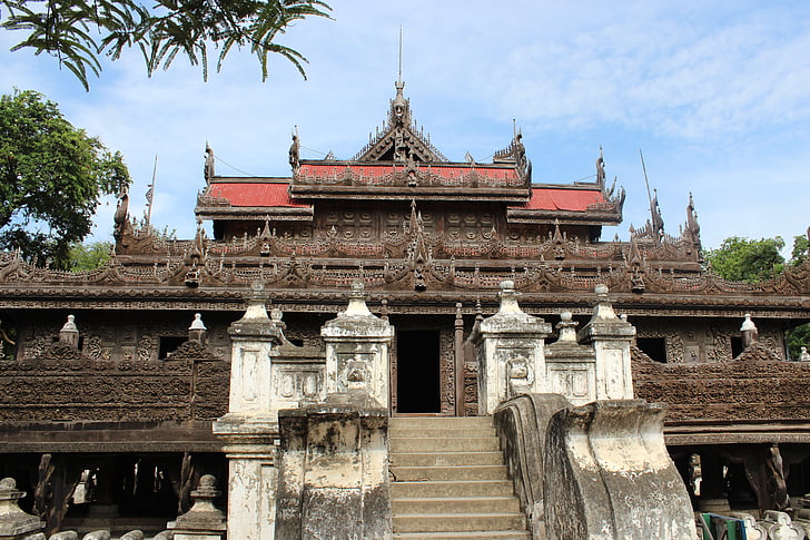 Burma, Mandalay, templom, Mianmar, Ázsia, Temple complex, fából készült pecsét