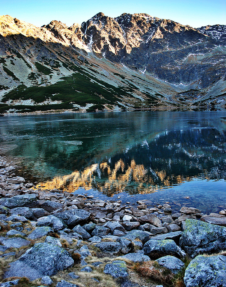Tatry, bjerge, sort Dam, vand, refleksion, søen, Dam