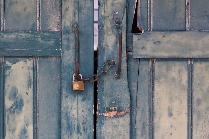 forrellat, tancament, Cadena, porta, fusta, gris, blau turquesa