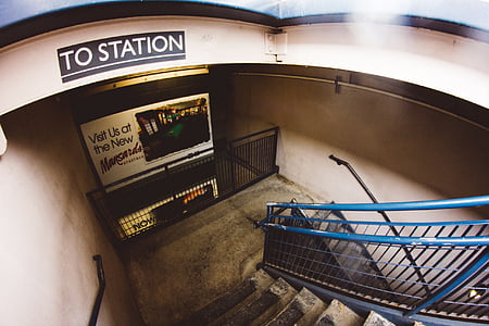 ads, architecture, city, railings, signage, staircase, station