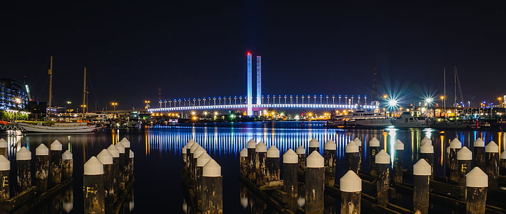 пристанище, мост, нощ, сцена, отражение, осветление, архитектура