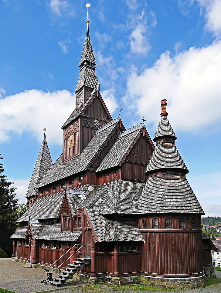 stave church, goslar-hahnenklee, east side, resin, oberharz, timber construction, nordic