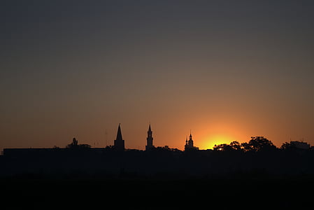 sunrise, opole, city, contours, the cathedral, the town hall, towers