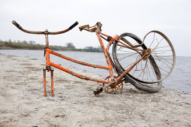 자전거, 비치, 오래 된, 브로 큰, 물, 바다, 자연