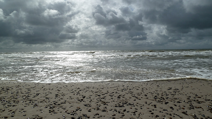 sea, denmark, north sea, beach, water, wave, clouds