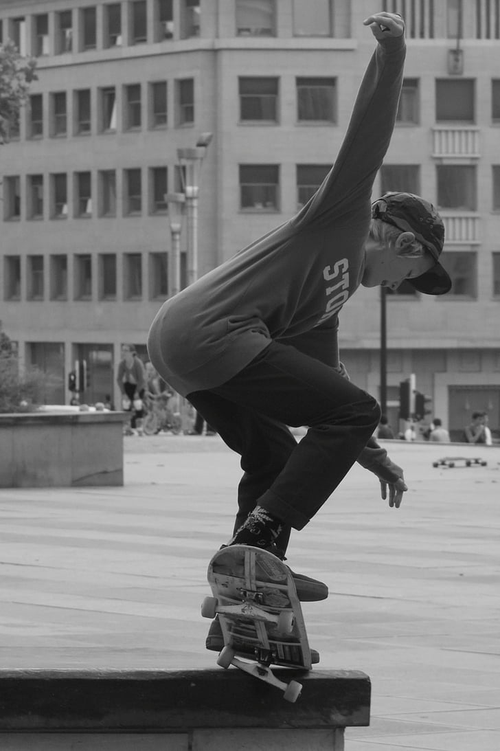 action, black-and-white, man, outdoors, person, skate, skateboard