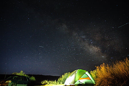 sky, cloud, night, stars, galaxy, grass, tent