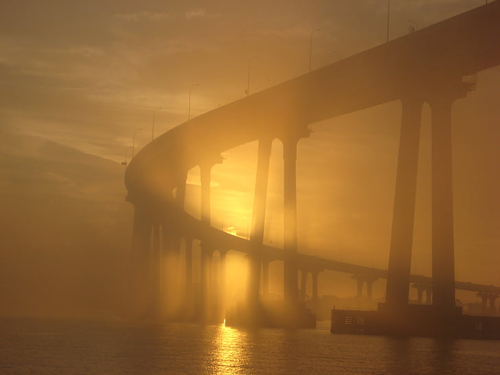 pont de Coronado, coucher de soleil, brouillard, Coronado, pont, Californie, Harbor