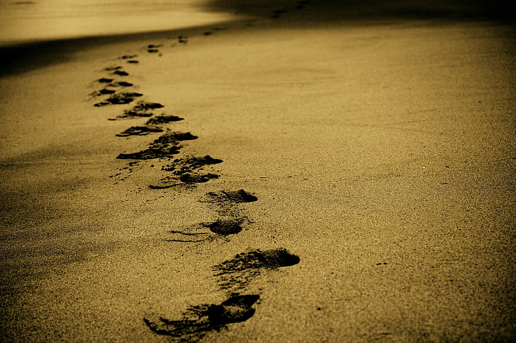 пясък, стъпките, отпечатъци, плаж, крайбрежие, разходка, океан