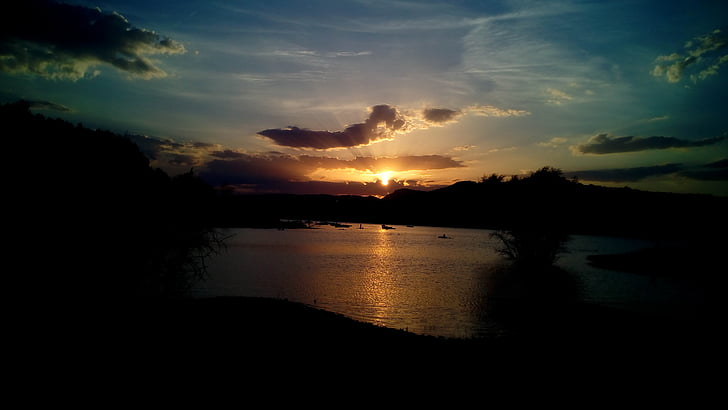 Sunset, reservoir, refleksion, eftermiddag, natur, landskab, Twilight
