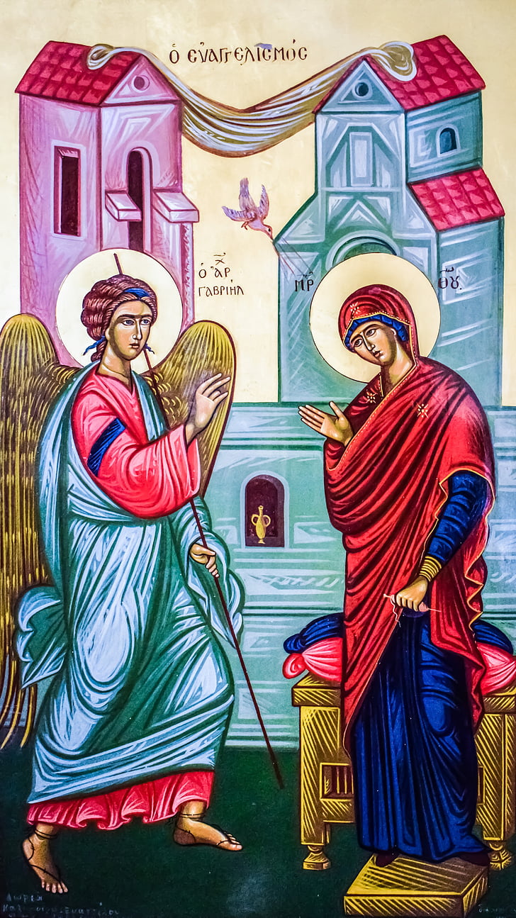 the annunciation, virgin mary, archangel gabriel, icon, painting, byzantine style, religion