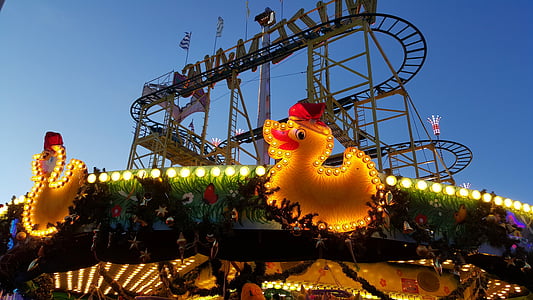 funfair, roller coaster, Carousel, vịt, ánh sáng, Chạng vạng, Lễ hội