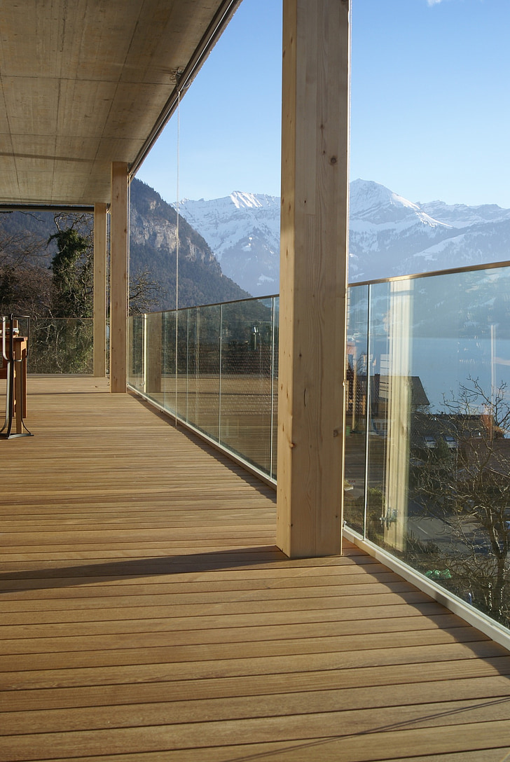 arquitectura, fusta, vidre, llum, sol, muntanya, a l'exterior
