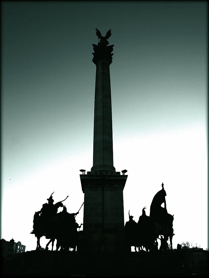 Budapest, el Arcángel, silueta, Monumento, capital, Plaza de los héroes, estatua de