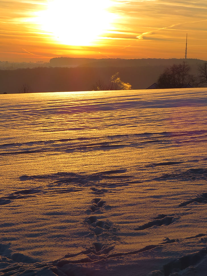 posta de sol, neu, espurna, fred, paisatge de neu, d'or, sol
