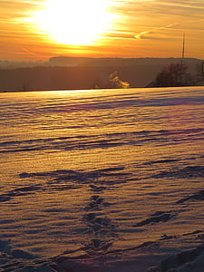 sunset, snow, sparkle, cold, snow landscape, golden, sun