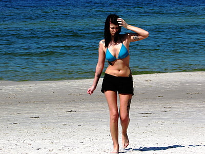 jente, unge, stranden, sjøen, sand, sunbath, skjønnhet