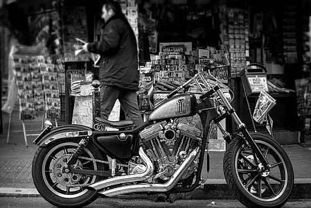 black-and-white, man, motorbike, motorcycle, pavement, road, street