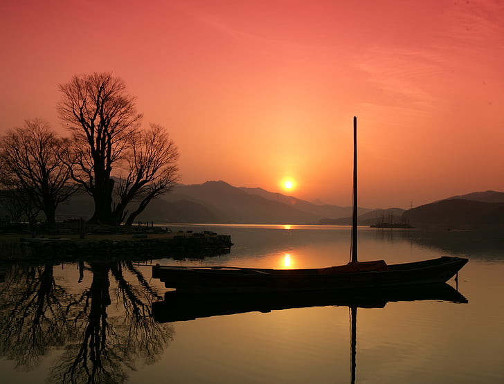 lever du soleil, yangpyung pendant deux jours et, matin, Dim, coucher de soleil, réflexion, eau
