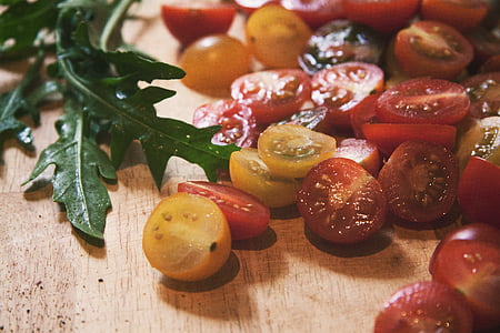 plátky, žltá, červená, paradajky, hnedá, povrch, jedlo