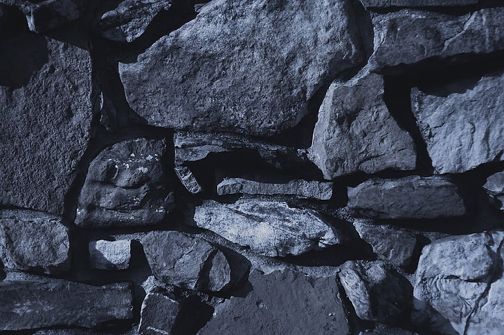 rock wall, rocks, cement, darkness, night, nighttime, black and white
