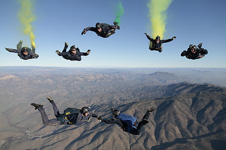 Paracaidismo, equipo, paracaídas, caída, deporte, alta, formación